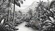 Tropical forest palm trees mountains river - Black and white ink drawing