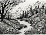 Fototapeta Perspektywa 3d - Stylized landscape with a tree over a river and mountains in the distance - Black and white ink drawing