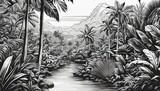 Fototapeta Perspektywa 3d - Tropical forest palm trees mountains river - Black and white ink drawing