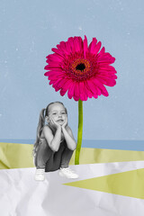 Poster - Vertical collage image of mini black white effect peaceful girl huge fresh flower isolated on creative painted paper background