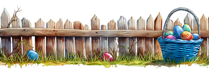 Wall Mural - A beautiful wicker basket with Easter eggs stands on a beautiful spring background with blooming trees and flowers on the background of a wooden fence. Transparent isolated background.