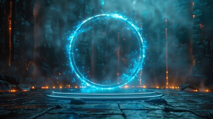 Fototapete - In the style of a futuristic cyberpunk or a hologram gadget, a circle portal, a teleport, a hologram gadget. A blank display, stage or magic portal, podium for showcasing product with hi-tech