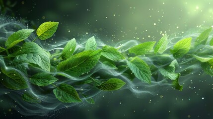 Wall Mural - An abstract illustration of flying mint leaves and air vortices with green leaves and sparkles on a transparent background.