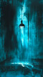 Ilustración de sala de interrogatorios sucia y bacía con lampara colgada del techo