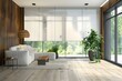 © Anastasiia - Contemporary interior with automatic roller shades wooden wall panels green plants in modern pots and electric curtains. Concept Modern Interior Design, Automatic Roller Shades, Wooden Wall Panels