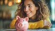 The image depicts a woman who is happy while looking at a piggy bank, representing the concept of