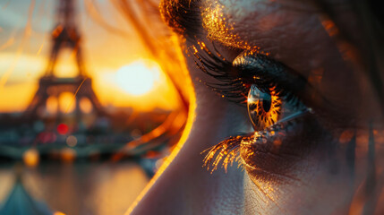 Wall Mural - Close up of a persons eye with a reflection of the eiffel tower