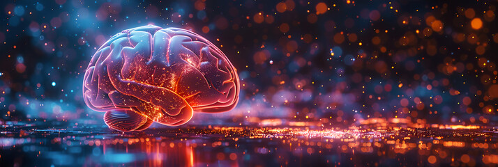 Poster - Translucent brain abstraction of futuristic medicine showing chip implantation and connection with artificial intelligence. Use of neon colors. Banner.