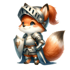 Cute watercolor animal character dressing as a knight costume clipart of fox