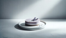 Elegant Vegan Lavender Cheesecake On Minimalist Plate With Floral Detailing