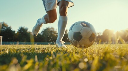 Soccer player is kicking the ball on the field at sunset. Football concept 