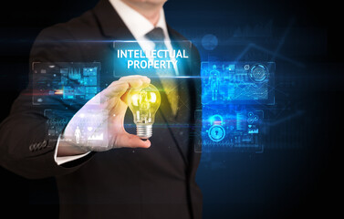 Poster - Businessman holding a light bulb, online security concept