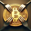 Golden Bitcoin surrounded by silver forks creating a sense of conflict and division in the cryptocurrency market. The forks' prongs seem to be at odds with the coin, symbolizing the contentious nature