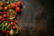 Food background, spices, tomatoes and oil on a black background, web banner with free space for text.