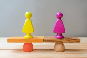 Two wooden figurines on a balance seesaw on a neutral background, representing equality, balance, and harmony between elements