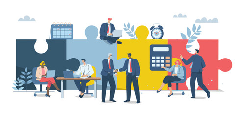 Wall Mural - Effective teamwork, Problem solving, or ways to improve, career development concept, Symbol of teamwork, Business people work together to complete jigsaw puzzle in harmony. Vector design illustration.