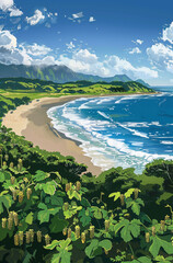 Wall Mural - beach with surf, hop plantation in the background, new zealand, sunny day, illustration