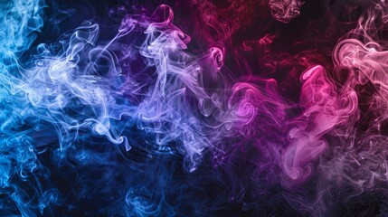 Wall Mural - A blend of blue, pink, and purple vape smoke isolated on a black background, creating a colorful and atmospheric effect