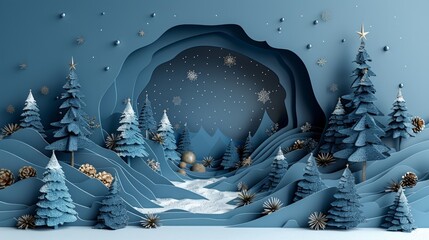 Wall Mural - The podium square stage is perfect for a Merry Christmas and a Happy New Year festival or a greeting festival with blue paper cut art and craft combined with festive elements on a color background.