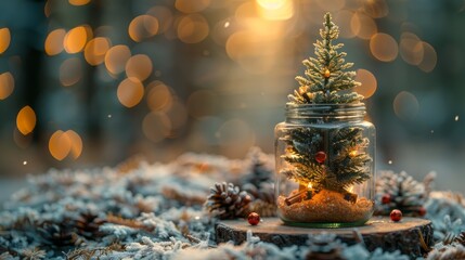 Poster - An elegant Christmas tree in a glass jar decoration with a Merry Christmas and Happy New Year concept.