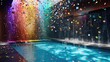 Confetti rain creates a colorful symphony, blending festivity seamlessly with the sleek environment of a luxury swimming pool.