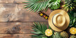 Vacation Summer Holiday Travel Panorama with Tropical Elements - Straw Hat, Sunglasses, Pineapple, Palm Leaves on Wooden Texture, Ideal for Greeting Card or Banner