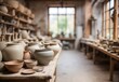 Blurred image of a rustic pottery studio, generative AI
