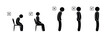 © north100 - correct posture icon, illustration of stoop and scoliosis, stick figure man, isolated human silhouette bent back