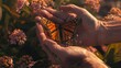 A pair of hands cradling a delicate monarch butterfly against a backdrop of blooming milkweed flowers,  symbolizing efforts to protect endangered species and their habitats