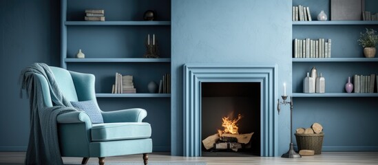 Sticker - A comfortable blue armchair placed in front of a crackling fireplace, creating a cozy and inviting atmosphere