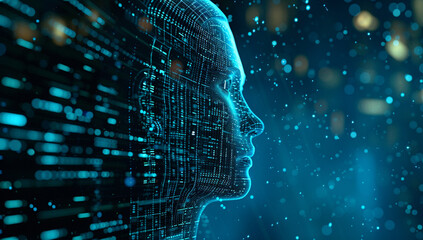 the side face and head profile in blue digital code, AI Generative.