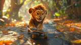 A cheerful animated lion cub rides a skateboard on a path covered with fallen leaves.