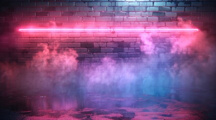 Poster - Neon light reflecting off wet asphalt and neon brick wall. Empty scene with copy space.