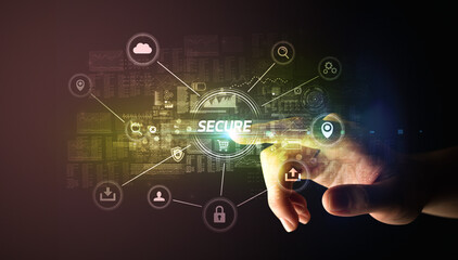 Poster - Hand touching cybersecurity button concept