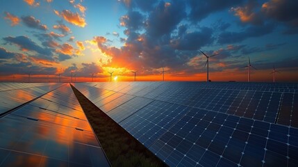 Wall Mural - Under the blue sky on sunset, a solar cell plant and wind turbine are connected. The power plant has photovoltaic panels and an electric turbine, creating clean energy and eco-friendly energy.