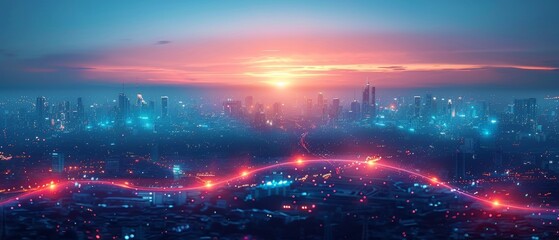 Fototapete - Dot point smart city with gradient line