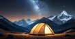 Under the celestial dance of the Milky Way, a glowing tent stands alone in an alpine meadow, a testament to the adventurous spirit. The sky, embroidered with stars, watches over the silent mountains