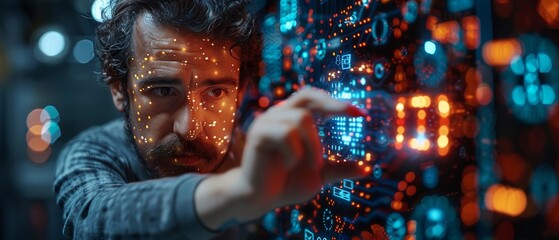 Fototapete - An abstract chip with the text IoT on the virtual screen of the virtual display is selected by a businessman who is involved in digital transformation, IOT Internet of things, and modern technology