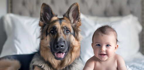 Wall Mural -  baby sitting on bed with her german shepherd, 