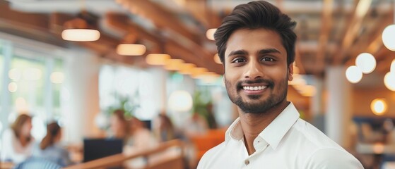 Aufkleber - An Indian Business Analyst stands at a modern office while using a laptop computer to assess technological risks and develop strategies for the company's growth.