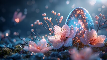 Fototapete - Happy Easter card with blue egg surrounded by flowers. Low poly style design. Abstract geometric background. Wireframe light connection structure. Modern 3D graphic concept. Isolated modern