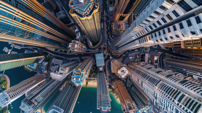 Breathtaking top-down drone view of the city with the tallest skyscrapers