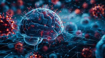 Poster - Brain behind a blue futuristic guard shield that is attacking red viruses. Medicine protection concept. Low poly style. Geometric background. Wireframe connection structure. Modern 3D graphic.