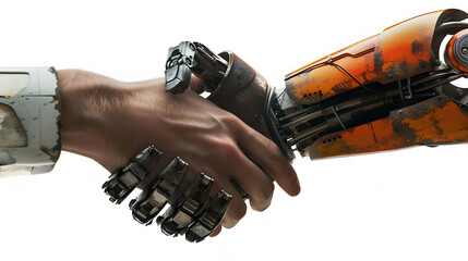 Sticker - Man and robot handshake. White backgroud. Realistic, 4K.