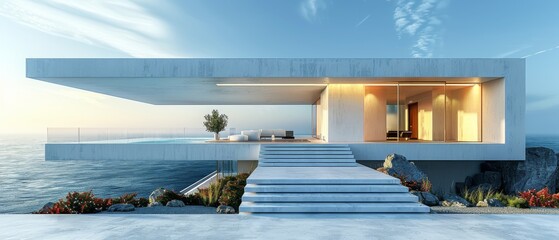 Leinwandbilder - In this 3D rendering, we see a modern white house with a concrete entrance against a sea view.