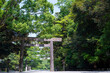 Tori gate at The Grand Shrine of Ise or Ise Jingu Naiku, Inner Sanctuary in the natural green scenery background, Ise City, Mie., Japan