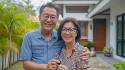 Happy couple is holding a key in front of their new house