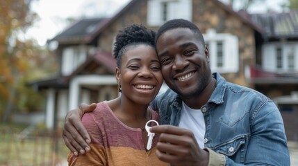 Wall Mural - Happy couple is holding a key in front of their new house