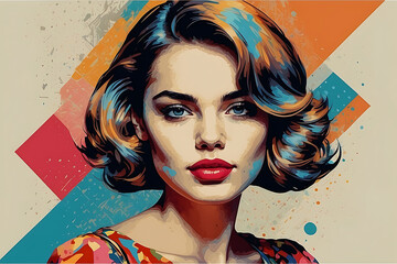 Abstract pop art portrait of young charming woman girl