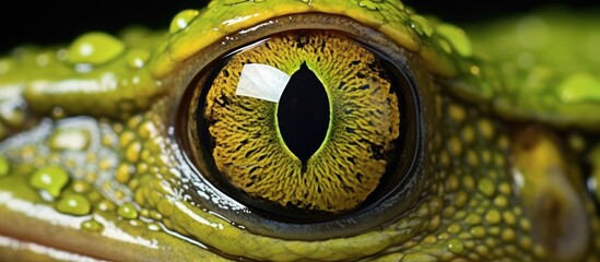 Wall Mural - Detailed close-up view of a frog's eye showing the textured skin and a vibrant green iris, isolated on a white background